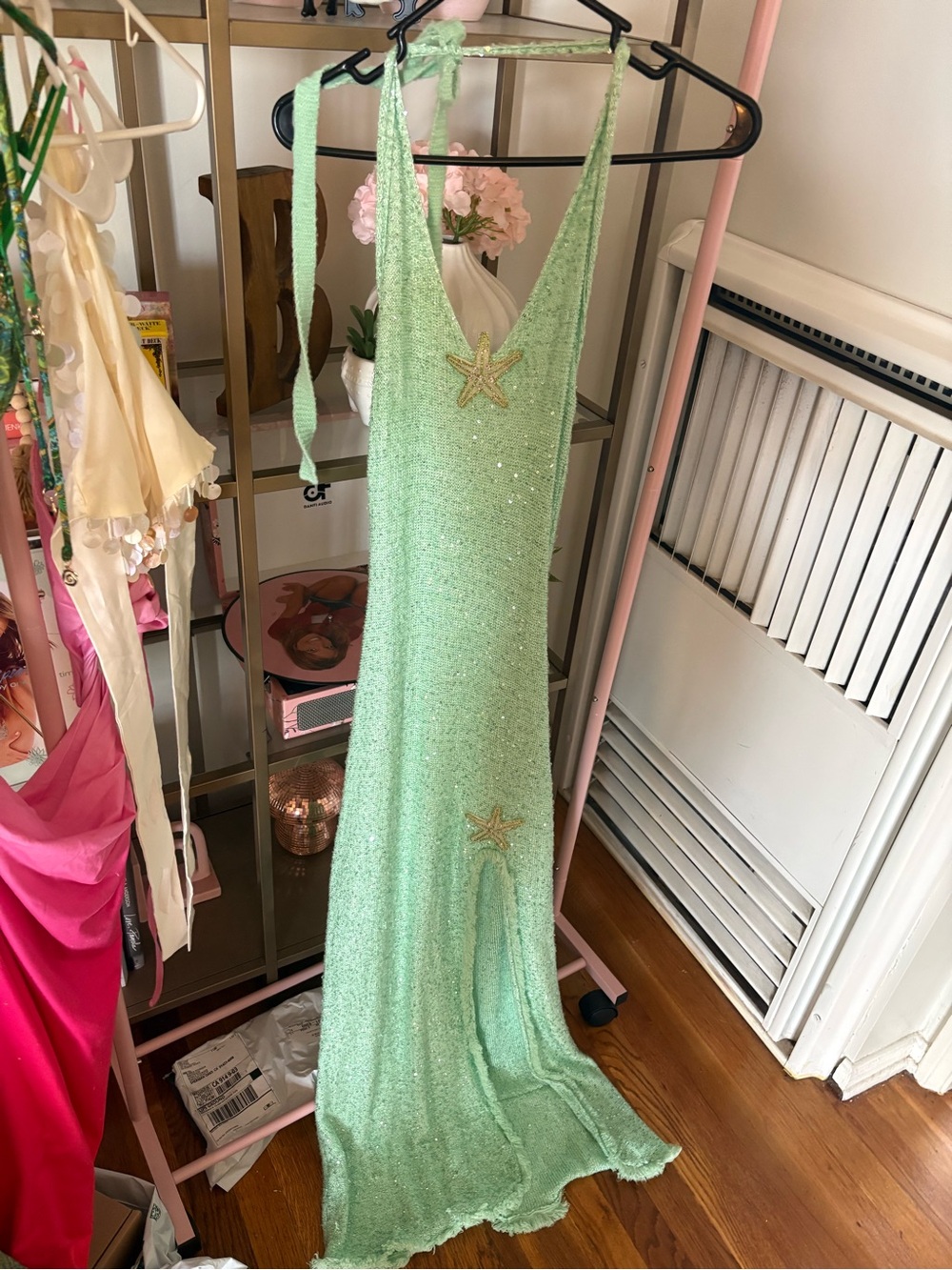 Hello Molly Mint Green Sequin Halter Maxi Dress with Starfish Accents